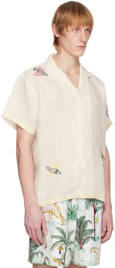 Handcrafted linen gauze shirt. Graphics embroidered throughout. · Open spread collar · Button closure · Logo embroidered at back yoke · Contrast stitching in yellow Supplier color: Off white Gauze Shirt, Linen Gauze, Bird Shirt, Shirt Graphics, Contrast Stitch, Logo Embroidered, Luxury Streetwear, Stitching, Women Wear