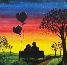 a painting of two people sitting on a bench with balloons in the sky above them