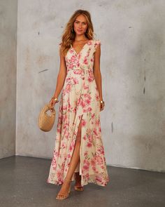 Step into effortless elegance with the In The Garden Floral Print Maxi Dress. Crafted from lightweight chiffon with pleated detailing, this dress flows like a summer breeze. The playful ruffle sleeves add a touch of whimsy, while the smocked back panel ensures a flattering fit. Perfect for garden parties or casual outings, this dress combines relaxed charm with sophisticated style, making it your go-to for any sunny day adventure. Lightweight chiffon fabric with pleated detail Ruffle sleeves Smo Floral Garden Party Dress, Maxi Dress For Short Women, Mexico Beach Wedding Guest Dress, Floral Mother Of The Bride Dresses, Garden Party Wedding Attire, Beach Wedding Bridesmaid Dress, Western Garden, Garden Wedding Dress Guest, Floral Print Chiffon Maxi Dress