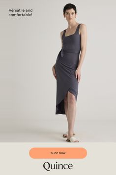 Upgrade your wardrobe with the Tencel Jersey Side Tie Dress, a luxurious and versatile piece that will make you feel confident and elegant for any occasion. Made from premium Tencel fabric, this dress offers a silky smooth texture that drapes beautifully over your curves. Simply pair it with your favorite sandals or heels and accessories for a complete look that's both comfortable and chic.  | Quince | Women's Tencel Jersey Side Tie Midi Dress in Carbon Grey, Size XL Side Tie Dress, Tencel Fabric, Tie Dress, Womens Midi Dresses, Smooth Texture, Quince, Feel Confident, Make You Feel, Women's Intimates