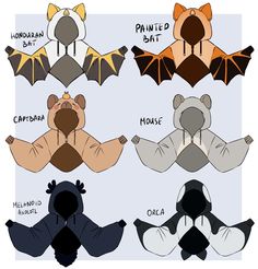 four different types of bats with the names below them in black, white, and orange