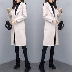 Woolen Mid-length Coat Elegant Long Sleeve Plain Outerwear, Long Solid Color Outerwear For Office, Chic Plain Outerwear For Work, Plain Long Outerwear For Work, Elegant Fitted Plain Outerwear, Long Plain Outerwear For Spring, Tailored Long Outerwear For Spring, Beige Plain Outerwear For Work, Tailored Long Outerwear For Office