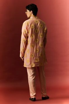 Peach kurta with floral thread hand embroidery. Paired with a matching plain pant. - Aza Fashions Spring Festive Bandhgala With Gota Work, Traditional Bandhgala With Gota Work For Spring, Traditional Spring Bandhgala With Gota Work, Spring Traditional Long Sleeve Wear With Dori Work, Spring Floral Embroidered Straight Kurta Bandhgala, Spring Bandhgala With Floral Embroidery And Straight Kurta, Spring Floral Embroidery Straight Kurta Bandhgala, Spring Floral Embroidery Bandhgala Straight Kurta, Spring Sherwani With Resham Embroidery, Straight Kurta Style