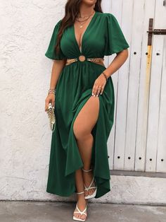 Plus Size Women's Solid Color Minimalist Everyday Deep V-Neck Split Dress, For Christmas Maxi Women Outfit Dark Green Sexy  Short Sleeve Woven Fabric Plain A Line Non-Stretch  Women Plus Clothing, size features are:Bust: ,Length: ,Sleeve Length: Dress For Curvy Women, Low Cut Dress, Color Minimalist, Shoulder Wrap, Cropped Leather Jacket, Cut Dress, Split Dress, Dress Cuts, Elegant Dress