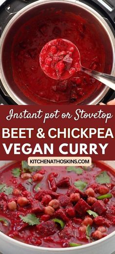 beet and chickpea vegan curry in a pot with text overlay