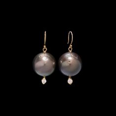 Tahitian pearls measuring 13mm, with diamond pave charm tails on 18K gold handmade ear wires. Earring measures 1 inch from ear Diamond weight: .31ct Diamond Charm, Tahitian Pearls, Ring Bracelet, Pave Diamonds, Ear Wires, Antique Jewelry, 1 Inch, 18k Gold, Fine Jewelry