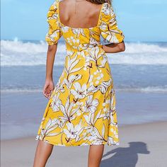 100% Rayon Neck Style Square Neck Sleeve Type Bubble Sleeve Fit Type Fitted Printed Mid-length Midi Dress For Vacation, Printed Midi Dress For Vacation, Fitted Midi Sundress For Vacation, Printed Knee-length Summer Midi Dress, Summer Knee-length Printed Midi Dress, Square Neck Sundress For Beach Season, Beach Season Sundress With Square Neck, Floral Print Square Neck Midi Dress For Beach, Beach Midi Dress With Floral Print And Square Neck