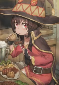 a woman in a pirate costume is eating food at a table with other foods on it