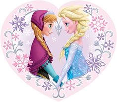 two princesses facing each other in front of a heart shaped frame with snowflakes