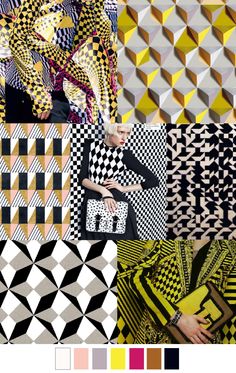 a collage of different colors and patterns with people in the middle one is wearing a yellow jacket