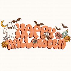 the word happy halloween is surrounded by pumpkins, bats and other decorations on a white background