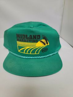 Vintage Midland Marketing Coop Green Yellow Rope Snapback Trucker Hat. Great condition Vintage Green Snapback Hat With Flat Brim, Vintage Green Flat Brim Snapback Hat, Green Flat Brim Vintage Snapback Hat, Vintage Green Baseball Cap With Flat Brim, Vintage Green Adjustable Snapback Hat, Green Vintage Adjustable Snapback Hat, Green Adjustable Vintage Snapback Hat, Vintage Green Adjustable Hat, Vintage Green Hat