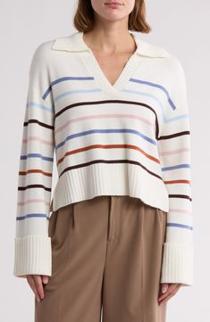 A Johnny collar tops this easygoing striped sweater framed with wide cuffed long sleeves. Johnny collar Long sleeves 46% viscose, 30% nylon, 24% polyester Hand wash, tumble dry Imported Fall Striped Collar V-neck Top, Fall V-neck Top With Striped Collar, Chic Striped Sweater With Ribbed Collar, Chic Striped Tops With Ribbed Collar, White Long Sleeve Sweater With Striped Hem, White Tops With Striped Hem For Fall, Trendy Fall Tops With Striped Hem, Trendy Striped Hem Tops For Fall, White Striped Cuffs Top For Fall