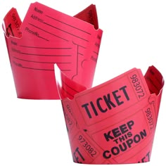 two pink tickets sitting next to each other on top of a white surface with the words keep this coupon printed on them