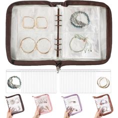 the contents of a jewelry case are shown in three separate sections, including bracelets and rings