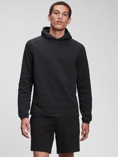 Soft knit.  This hoodie is made with 17% recycled polyester.   Less waste in the world.  More great clothes for you.  Moisture-wicking properties.  Long sleeves.  Hooded neckline.