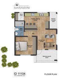 the floor plan for a two bedroom apartment with an attached bathroom, living room and dining area