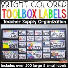 a classroom desk with lots of colorful labels on it and the words, bright colored toolbox labels teacher supply organization includes over 200 large & small labels