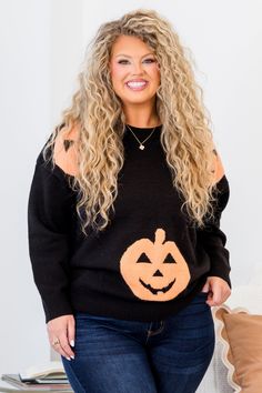 Get ready to show off your playful spirit with this sweater! This black sweater features a fun pumpkin knitting, perfect for adding some quirkiness to your fall wardrobe! Don't miss out on this must-have piece for the fall! 42% Acrylic, 28% Polyamide, 30% Polyester Cozy Black Fall Sweater, Black Oversized Sweater For Fall, Casual Black Halloween Sweater, Casual Black Sweater For Halloween, Black Knit Sweater For Fall, Casual Halloween Knit Sweater, Oversized Fun Fall Sweater, Oversized Fun Sweater For Fall, Fun Long Sleeve Fall Tops