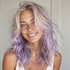 Funky Hair Colors For Blondes, Blonde And Pastel Purple Hair, Pastel And Blonde Hair, Hair Color Fun Colors, Blonde Hair With Other Colors, Platinum Blonde Hair With Lavender, Vivid Highlights Blondes, Lavender Peekaboo Hair Blonde