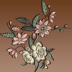 a drawing of flowers on a brown background with green leaves and pink blooms in the center