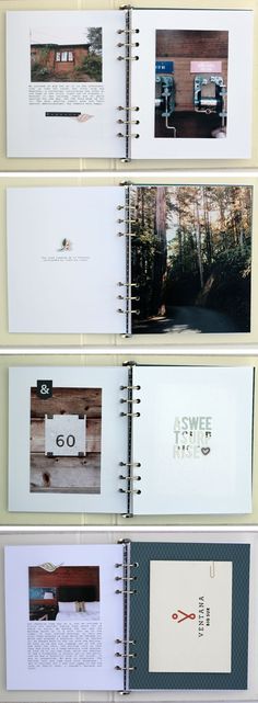 the inside pages of a spiral bound notebook with photos and text on them, all lined up in rows