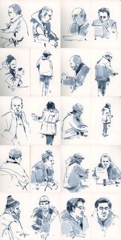 sketches of people sitting and standing around each other