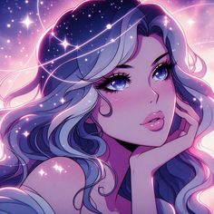 a woman with long hair and blue eyes is looking at the stars in the sky