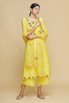 Shop for Desert Shine by Sulochana Jangir Yellow Chanderi Silk Embroidered Kurta Set for Women Online at Aza Fashions Sheer Dupatta, Kurta Set For Women, Embroidered Motifs, A Line Kurta, Kurta Set, Embroidered Silk, Set For Women, Aza Fashion, Three Quarter