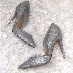 Excellent Condition, Never Worn. Silver Sparkle Sequins In Size 7. Fits Like 7.5. Glamorous Pointed Toe Shimmer Heels, Glamorous Metallic Silver Closed Toe Heels, Metallic Silver Pointed Toe Heels For Wedding, Elegant Metallic Silver Pointed Toe Heels, Elegant Metallic Silver Heels With Pointed Toe, Elegant Shiny Silver Heels, Glamorous Shiny Heels For Party, Glamorous Shiny Party Heels, Metallic Heels With 4-inch Pointed Toe