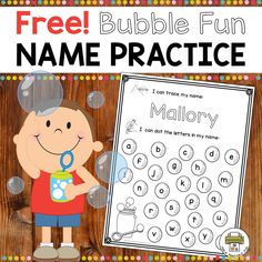 a free bubble fun name practice sheet for children to use with the letter recognition game