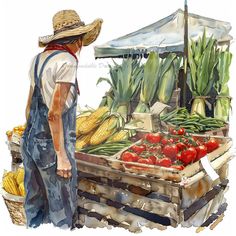 a watercolor painting of a farmer looking at his produce