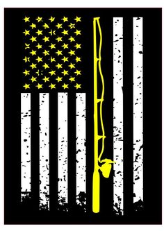 an american flag with a yellow pole and stars on the side, in black background