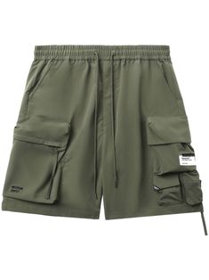 khaki technical jersey elasticated drawstring waistband straight leg two side inset pockets multiple cargo pockets straight hem knee-length Summer Streetwear Cargo Pants With Drawstring, Summer Cargo Shorts With Cargo Pockets For Outdoor, Summer Outdoor Cargo Shorts With Cargo Pockets, Utility Cargo Shorts With Drawstring, Techwear Cargo Pants With Built-in Shorts For Streetwear, Sporty Cargo Shorts With Drawstring For Summer, Summer Cargo Pants With Multiple Pockets For Outdoor, Utility Style Drawstring Shorts, Utility Shorts With Drawstring