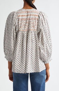 This breezy cotton blouse is designed in a flowery print with slender neck ties. 28" length (size Medium) Split neck with ties Three-quarter sleeves 100% cotton Dry clean Imported Peasant Cotton Blouse For Gatherings, Peasant Style Cotton Blouse For Gatherings, Casual Cotton Blouse For Gatherings, Cotton Blouse For Fall Gatherings, Cotton Blouse For Gatherings In Fall, Cotton Peasant Top For Gatherings, Long Sleeve Cotton Blouse For Gatherings, Relaxed Fit Cotton Blouse For Gatherings, Spring Cotton Peasant Top With Blouson Sleeves