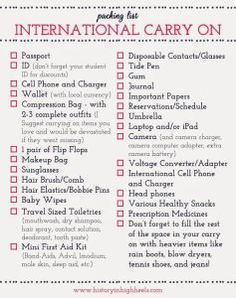 a printable travel checklist for the international carry on