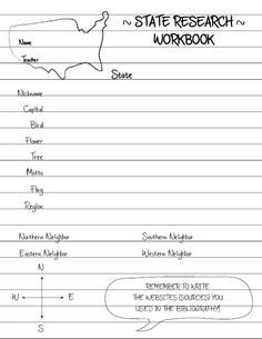 the state research workbook is written in black ink on lined paper with white writing