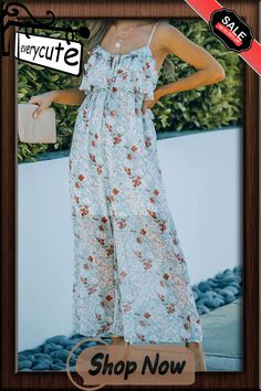 Floral Print Spaghetti Strap Ruffled Wide Leg Jumpsuit Summer Ruffle Jumpsuits And Rompers, Summer Ruffled One-piece Jumpsuits And Rompers, Summer One-piece Jumpsuits And Rompers With Ruffles, Summer Ruffles One-piece Jumpsuits And Rompers, Summer Brunch Jumpsuit With Ruffles, Spring Floral Print Jumpsuits With Spaghetti Straps, Spring Summer Strapless Jumpsuit With Floral Print, Spring Strapless Jumpsuit With Floral Print For Summer, Spring Strapless Jumpsuit With Floral Print