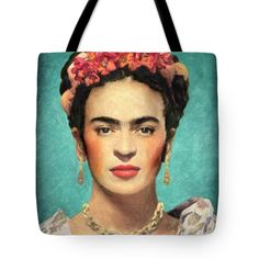 fridace tote bag featuring an oil painting of fridace wearing a flowered headdress