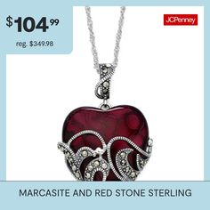 A base of filigree sterling silver and marcasite cradles a deep red heart-shaped stone on this pendant necklace that is filled with love.Metal: Sterling silverStones: Marcasite and heart-shaped red glass stoneClosure: Spring-ringDimensions: 18" long Singapore chainPendant Size: 25.3x36mm longCare: Wipe CleanFeatures: Quick ShipMetal Color: WhiteChain Length: 18 InchChain Construction: SingaporeMetal: Sterling SilverNecklace Type: Pendant NecklacesCountry of Origin: Imported Sterling Silver Heart Pendant, Silver Heart Pendant, Red Stone, Sterling Silver Heart, Red Glass, Heart Pendant Necklace, Silver Heart, Deep Red, Red Heart