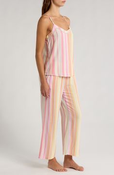 Supersoft modal means instant relaxation in sorbet-hued striped pajamas featuring a cami with ladder-stitch insets and cropped pants with a rope drawstring. 16 1/2" top center front length; 29 1/2" inseam; 21" leg opening; 12" front rise; 15" back rise (size Medium) Camisole has V-neck; adjustable straps Pants have elastic/drawstring waist 100% modal Machine wash, tumble dry Imported Striped Sleepwear For Summer Sleepover, Casual Striped Sleepwear For Sleepover, Spring Striped Sleepwear For Loungewear, Striped Sleepwear For Spring Loungewear, Striped Sleepwear For Spring Lounging, Striped Sleepwear For Spring Sleepover, Striped Sleepwear For Summer Loungewear, Striped Casual Sleepwear For Pajama Party, Striped Sleepwear For Vacation