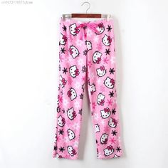 Cute Cotton Bottoms With Cartoon Print, Cotton Cartoon Print Pants For Loungewear, Cotton Pants With Cartoon Print For Loungewear, Cute Cotton Bedtime Pants, Cotton Lounge Pants With Cartoon Print, Cute Hello Kitty Print Pants For Pajama Party, Casual Cartoon Print Pants For Loungewear, Cute Cotton Lounging Pants, Cute Pants With Hello Kitty Print For Pajama Party