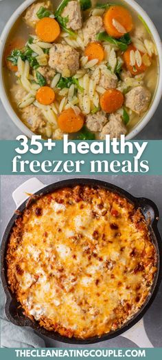 three different meals with the words 35 healthy freezer meals on top and below them