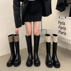 Minna Two Tone Knee-High Riders Boots Designer Snow Boots, Ladies Long Boots, Rider Boots, Pu Boots, Winter Ankle Boots, Snow Boots Women, Womens Knee High Boots, Wide Boots, Round Toe Heels