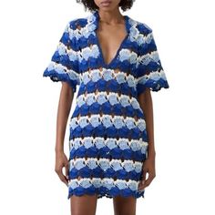 Get Ready To Turn Heads At Any Beach Or Cocktail Party With This Stunning Farm Rio Dress. The Blue And White Crochet Pattern Adds A Touch Of Bohemian Sexiness, While The V-Neckline And Half Sleeves Keep It Classy And Versatile. This Dress Is Perfect For Both Casual And Party Occasions, And Its Short Length Makes It Ideal For The Summer And Spring Seasons. The Pullover Closure And Regular Sleeve Type Make It Easy To Wear And Comfortable, And The Multicolor Design Adds A Pop Of Color To Any Wardro Blue V-neck Crochet Dress For Vacation, Chic Crochet Dress With Short Sleeves For Vacation, Chic Short Sleeve Crochet Dress For Vacation, Blue Mini Crochet Dress For Beach, Blue Crochet Dress For Beach In Spring, Chic Crochet Short Sleeve Beach Dress, Blue Crochet Mini Dress For Vacation, Blue Mini Crochet Dress For Vacation, Blue Crochet Dress For Spring Beach Days