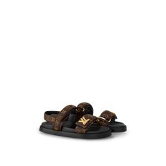 LOUIS VUITTON® - Lv Sunset Flat Comfort Sandal - Cacao Lv Sandals, Shoes Louis Vuitton, Luxury Sandals, Girl Time, Fashion Shoes Heels, Louis Vuitton Sandals, Lv Monogram, Louis Vuitton Official, Comfortable Flats