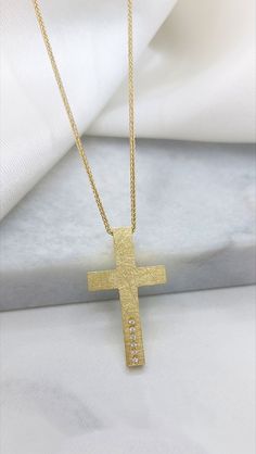 Diamond Gold Cross  A handmade 14k or 18k Diamond Gold Cross  A Greece christening  solid minimalist gold cross, doudle sided - one side is mat with diamonds and the other shiny -  A modern and classic gold necklace  ideal for baptism. A baptism gold cross for a lifetime.  An elegant gold cross ideal as the first jewelry for a baby girls as a baptismal cross and for any other circumstance like wedding - engagement - graduation Αll the crosses are handmade and made in our workshop in Sparta. Deta Gold Cross Jewelry For Baptism, Yellow Gold Cross Necklaces For Baptism, Gold Crucifix Necklace For Wedding, Yellow Gold Cross Pendant Necklace For Baptism, Yellow Gold Cross Necklace For Baptism, Yellow Gold Baptism Cross Pendant Necklace, Yellow Gold Crucifix Necklace For Baptism, Elegant Crucifix Cross Necklace For Baptism, Yellow Gold Cross Pendant Necklace For Weddings