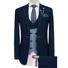 Description Here are product design details of Tailor-made tapered fit zink blue three piece suit. Jacket Design FABRIC : 100% Woolen Fabric FITTING STYLE : Slim Fit (Tailor-made) LAPEL STYLE : Peak Lapel CHEST POCKET : Welt Pocket Square LOWER POCKET : Double Flapped With Ticket Pockets NO OF BUTTONS : Double Button SLEEVE BUTTONS : Four Buttons FUNCTIONAL SLEEVE BUTTON HOLES : No BUTTONS HOLE THREAD : Same Fabric BACK VENT STYLE : Double Vent LINING OPTIONS : Full Lined EXTRA OPTIONS : Lapel P Pocket Shirt Design, Blue Three Piece Suit, Waistcoat Designs, Formal Attire For Men, Double Breasted Waistcoat, Custom Made Suits, Suit Shirt, Trouser Design, Dress Suits For Men