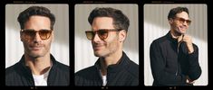 three different shots of a man wearing sunglasses