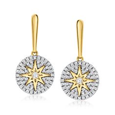 Ross-Simons - .33ct t. w. Diamond Star Disc Drop Earrings in 18kt Gold Over Sterling. Glittering with .33 ct. t. w. diamond rounds, these on-trend disc drop earrings feature 18kt yellow gold over sterling silver stars. Hanging length is 3/4". Post/clutch, diamond star disc drop earrings. Diamond birthstones are the perfect gift for April birthdays. Essential Jewelry, Jewelry Styles, Diamond Birthstone, Fine Jewelery, Earrings Diamond, Jewelry Essentials, Sterling Jewelry, Diamond Star, Diamond Drop Earrings